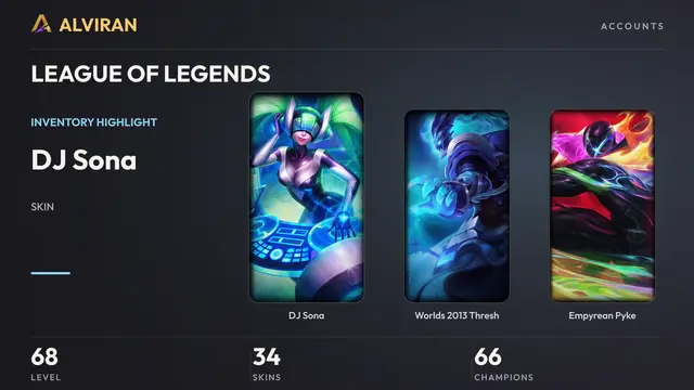 LEAGUE OF LEGENDS · Level 68 · DJ Sona, Worlds 2013 Thresh, Empyrean Pyke