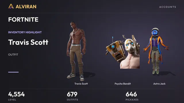 FORTNITE · Level 4554 · Travis Scott, Psycho Bandit, Astro Jack
