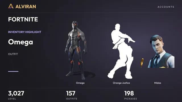 FORTNITE · Level 3027 · Omega, Orange Justice, Midas