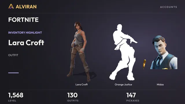 FORTNITE · Level 1568 · Lara Croft, Orange Justice, Midas