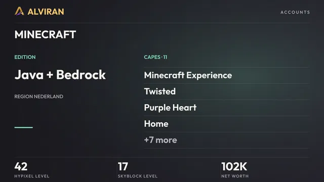 MINECRAFT · Level 42 · Minecraft Experience, Twisted, Purple Heart, Home