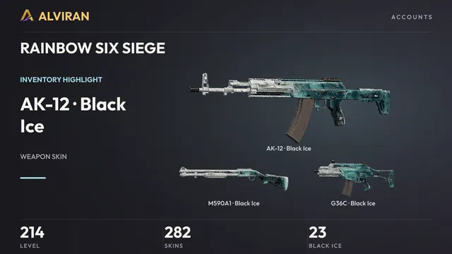 RAINBOW SIX SIEGE · Level 214 · Black Ice · AK-12, Black Ice · M590A1, Black Ice · G36C