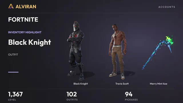 FORTNITE · Level 1367 · Black Knight, Travis Scott, Merry Mint Axe