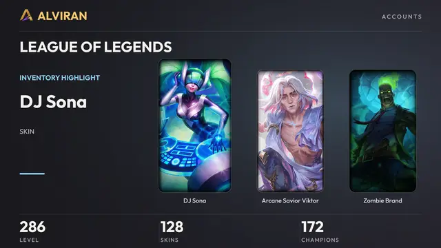 LEAGUE OF LEGENDS · Level 286 · DJ Sona, Arcane Savior Viktor, Zombie Brand