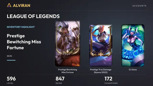 LEAGUE OF LEGENDS · Level 596 · Prestige Bewitching Miss Fortune, Prestige True Damage Qiyana (2022), DJ Sona