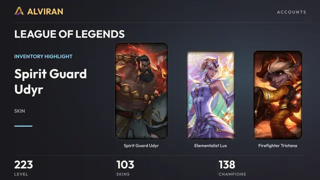 LEAGUE OF LEGENDS · Level 223 · Spirit Guard Udyr, Elementalist Lux, Firefighter Tristana