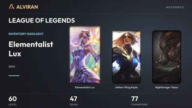 LEAGUE OF LEGENDS · Level 60 · Elementalist Lux, Aether Wing Kayle, Nightbringer Yasuo