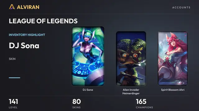 LEAGUE OF LEGENDS · Level 141 · DJ Sona, Alien Invader Heimerdinger, Spirit Blossom Ahri