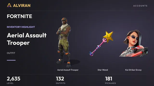 FORTNITE · Level 2635 · Aerial Assault Trooper, Star Wand, Koi Striker Envoy