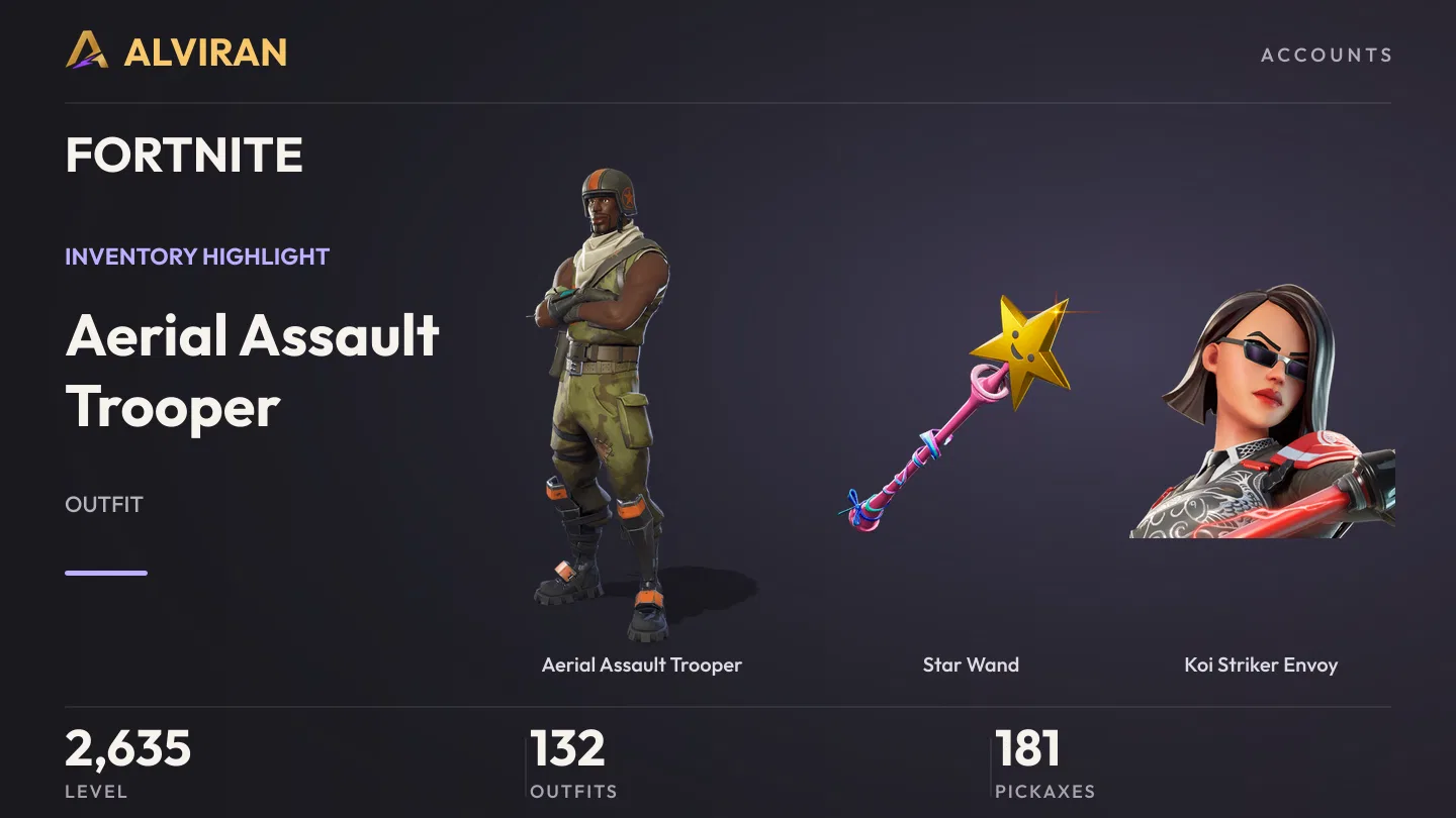 FORTNITE · Level 2635 · Aerial Assault Trooper, Star Wand, Koi Striker Envoy