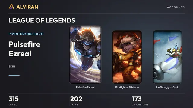 LEAGUE OF LEGENDS · Level 315 · Pulsefire Ezreal, Firefighter Tristana, Ice Toboggan Corki