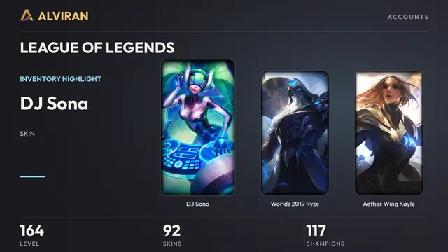 LEAGUE OF LEGENDS · Level 164 · DJ Sona, Worlds 2019 Ryze, Aether Wing Kayle