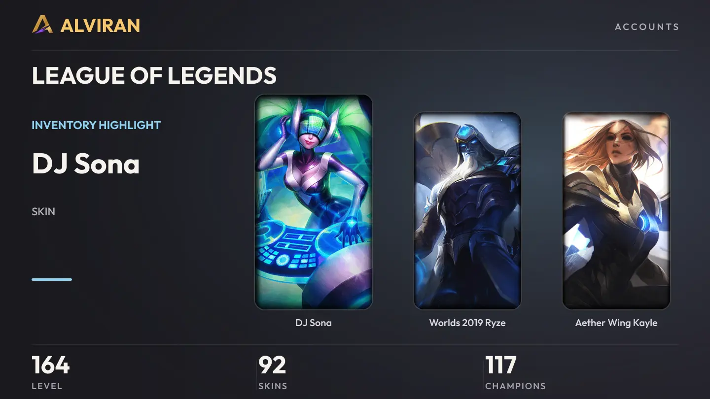 LEAGUE OF LEGENDS · Level 164 · DJ Sona, Worlds 2019 Ryze, Aether Wing Kayle
