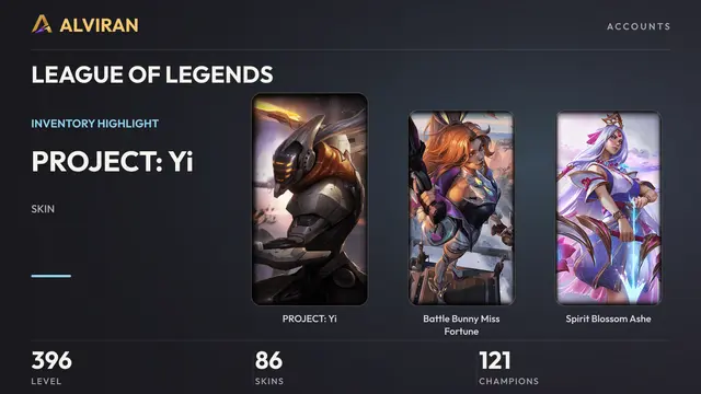 LEAGUE OF LEGENDS · Level 396 · PROJECT: Yi, Battle Bunny Miss Fortune, Spirit Blossom Ashe