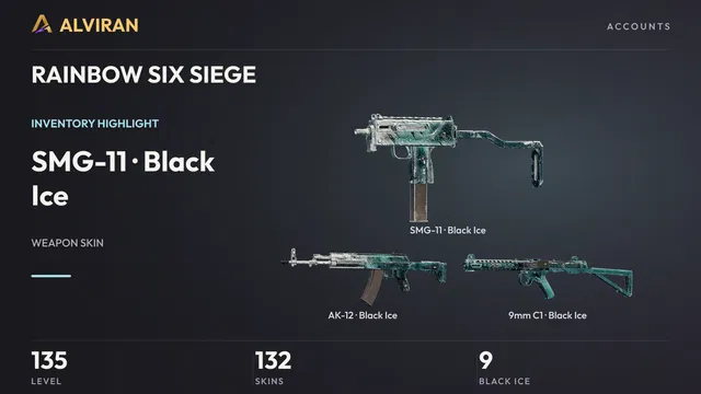 RAINBOW SIX SIEGE · Level 135 · Black Ice · SMG-11, Black Ice · AK-12, Black Ice · 9mm C1