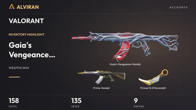 VALORANT · Level 158 · Gaia's Vengeance Vandal, Prime Vandal, Prime//2.0 Karambit · Melee