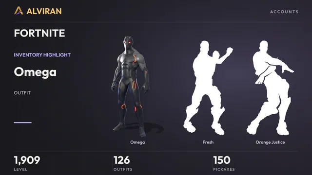 FORTNITE · Level 1909 · Omega, Fresh, Orange Justice