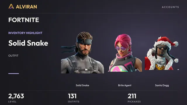 FORTNITE · Level 2763 · Solid Snake, Brite Agent, Santa Dogg