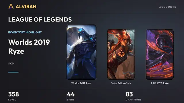 LEAGUE OF LEGENDS · Level 358 · Worlds 2019 Ryze, Solar Eclipse Sivir, PROJECT: Pyke