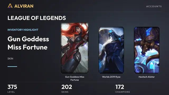 LEAGUE OF LEGENDS · Level 375 · Gun Goddess Miss Fortune, Worlds 2019 Ryze, Hextech Alistar