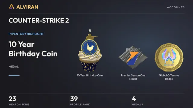 COUNTER-STRIKE 2 · Level 39 · 10 Year Birthday Coin, Premier Season One Medal, Global Offensive Badge