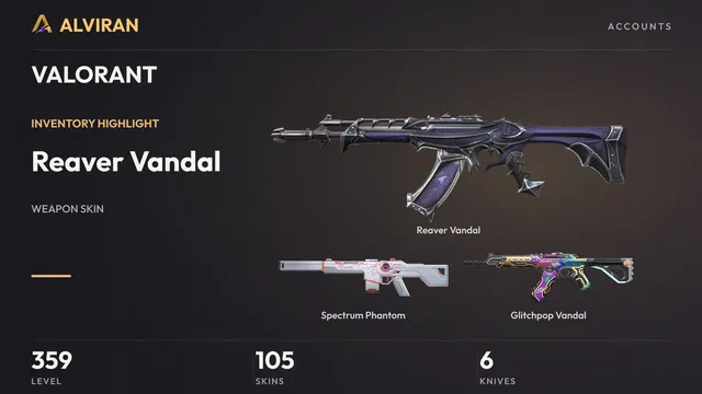 VALORANT · Level 359 · Reaver Vandal, Spectrum Phantom, Glitchpop Vandal