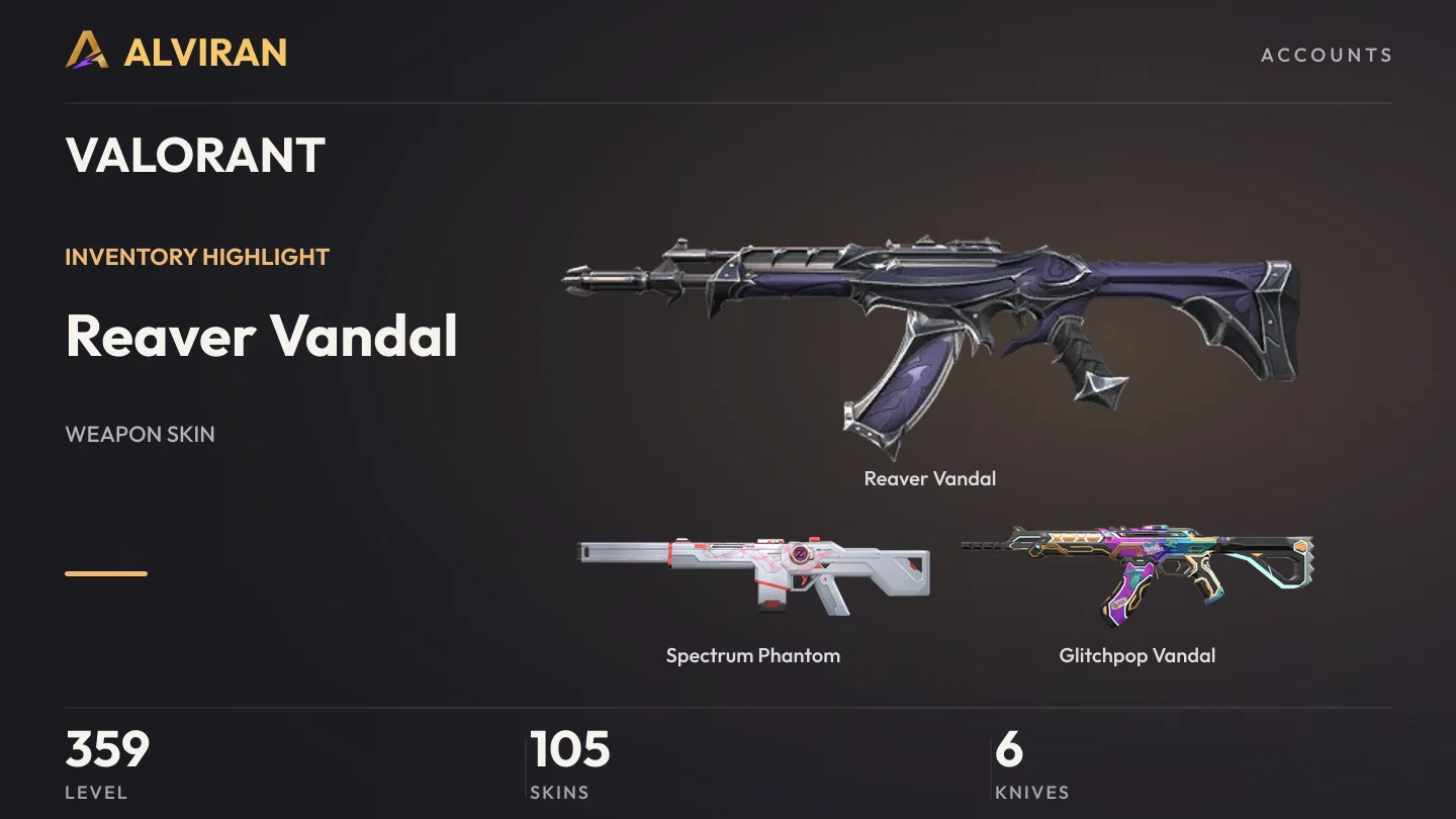 VALORANT · Level 359 · Reaver Vandal, Spectrum Phantom, Glitchpop Vandal