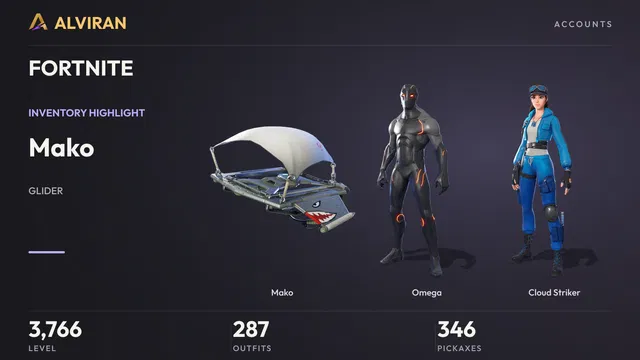 FORTNITE · Level 3766 · Mako, Omega, Cloud Striker