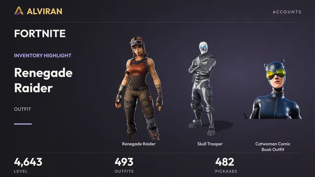FORTNITE · Level 4643 · Renegade Raider, Skull Trooper, Catwoman Comic Book Outfit
