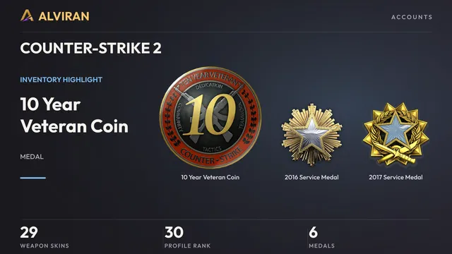 COUNTER-STRIKE 2 · Level 30 · 10 Year Veteran Coin, 2016 Service Medal, 2017 Service Medal