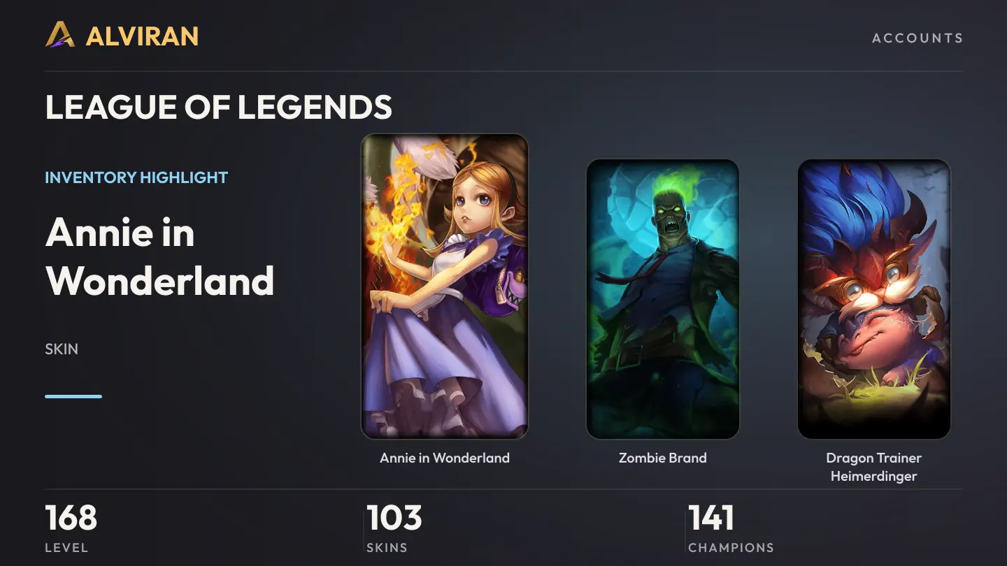 LEAGUE OF LEGENDS · Level 168 · Annie in Wonderland, Zombie Brand, Dragon Trainer Heimerdinger