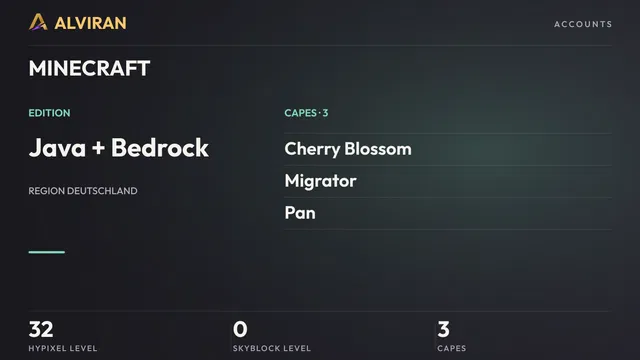 MINECRAFT · Level 32 · Cherry Blossom, Migrator, Pan