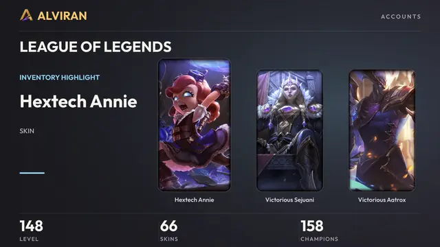 LEAGUE OF LEGENDS · Level 148 · Hextech Annie, Victorious Sejuani, Victorious Aatrox