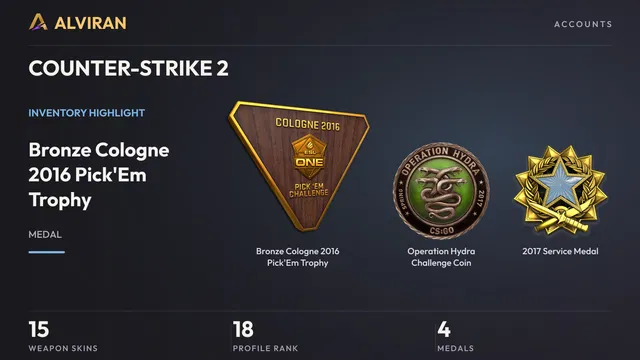 COUNTER-STRIKE 2 · Level 18 · Bronze Cologne 2016 Pick'Em Trophy, Operation Hydra Challenge Coin, 2017 Service Medal