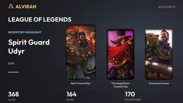LEAGUE OF LEGENDS · Level 368 · Spirit Guard Udyr, The Magnificent Twisted Fate, Victorious Graves