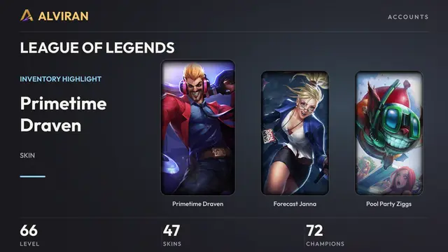LEAGUE OF LEGENDS · Level 66 · Primetime Draven, Forecast Janna, Pool Party Ziggs