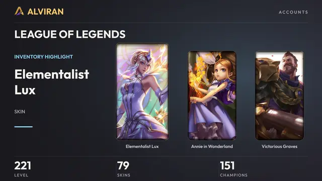 LEAGUE OF LEGENDS · Level 221 · Elementalist Lux, Annie in Wonderland, Victorious Graves