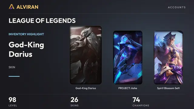 LEAGUE OF LEGENDS · Level 98 · God-King Darius, PROJECT: Ashe, Spirit Blossom Sett
