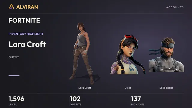 FORTNITE · Level 1596 · Lara Croft, Jules, Solid Snake