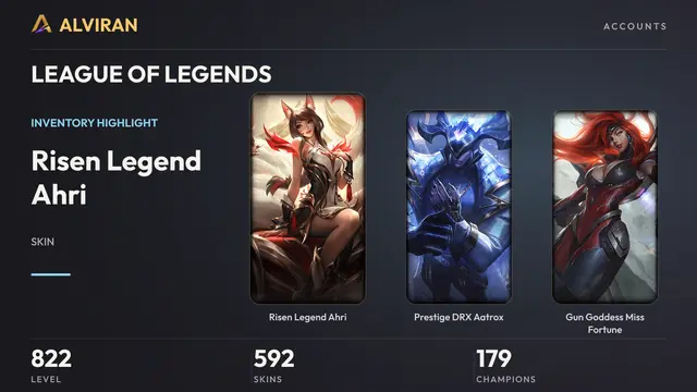 LEAGUE OF LEGENDS · Level 822 · Risen Legend Ahri, Prestige DRX Aatrox, Gun Goddess Miss Fortune