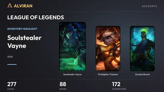 LEAGUE OF LEGENDS · Level 277 · Soulstealer Vayne, Firefighter Tristana, Zombie Brand