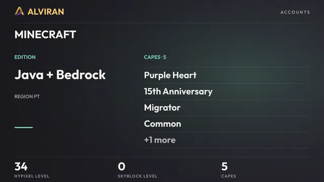 MINECRAFT · Level 34 · Purple Heart, 15th Anniversary, Migrator, Common