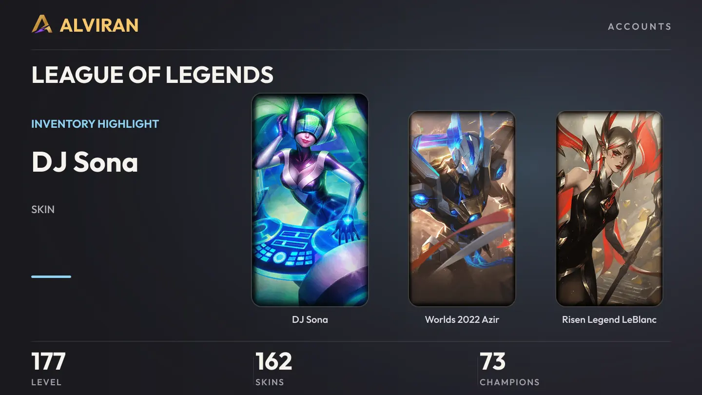 LEAGUE OF LEGENDS · Level 177 · DJ Sona, Worlds 2022 Azir, Risen Legend LeBlanc