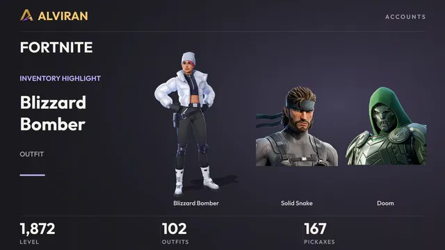 FORTNITE · Level 1872 · Blizzard Bomber, Solid Snake, Doom