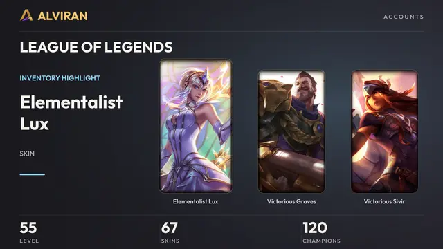 LEAGUE OF LEGENDS · Level 55 · Elementalist Lux, Victorious Graves, Victorious Sivir