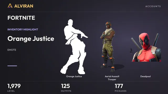 FORTNITE · Level 1979 · Orange Justice, Aerial Assault Trooper, Deadpool