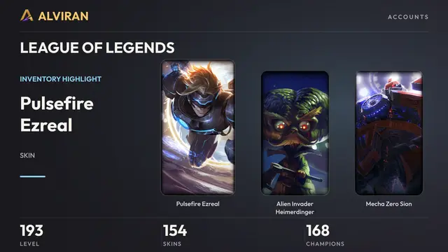 LEAGUE OF LEGENDS · Level 193 · Pulsefire Ezreal, Alien Invader Heimerdinger, Mecha Zero Sion