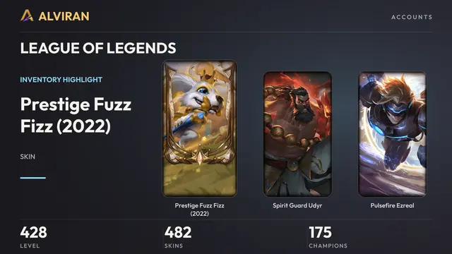 LEAGUE OF LEGENDS · Level 428 · Prestige Fuzz Fizz (2022), Spirit Guard Udyr, Pulsefire Ezreal