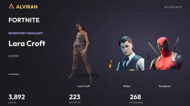 FORTNITE · Level 3892 · Lara Croft, Midas, Deadpool