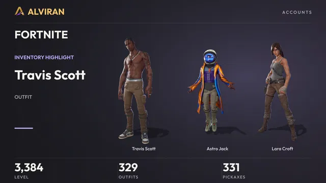 FORTNITE · Level 3384 · Travis Scott, Astro Jack, Lara Croft